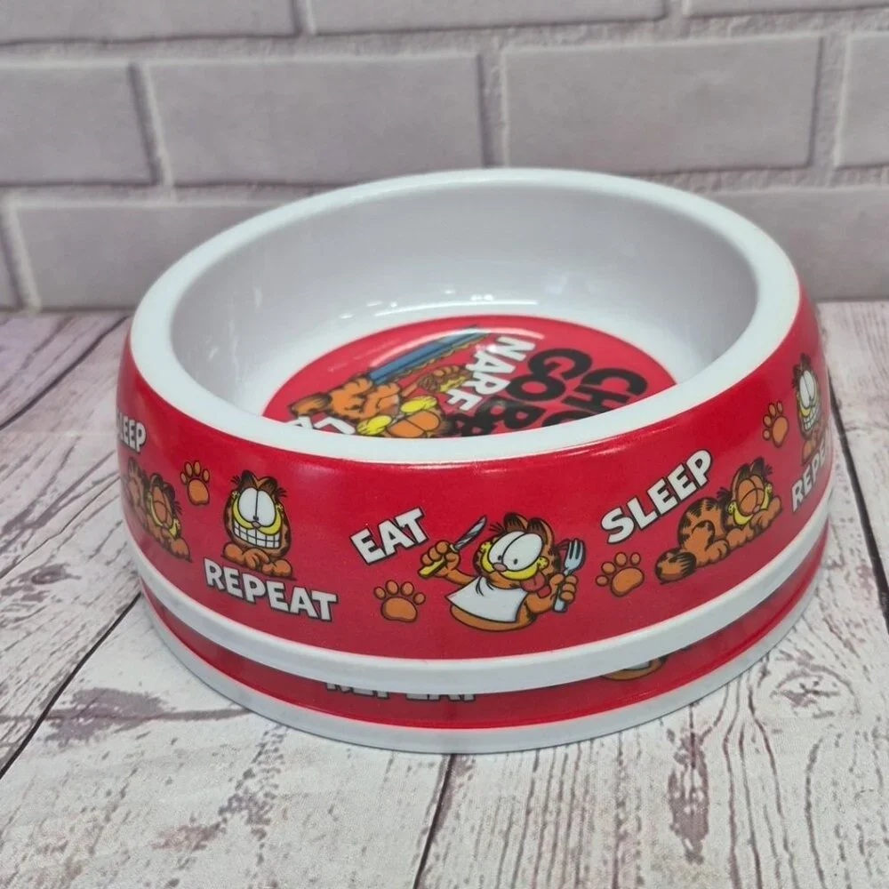 Nickoledin Garfield Bowl Dog Cat Food Water Dish, Red, 7in, Lot Of 2